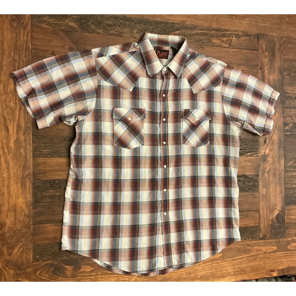 Plains Vintage Plaid Short Sleeve Pearl Snap Shirt Men's Size XL Western Rodeo